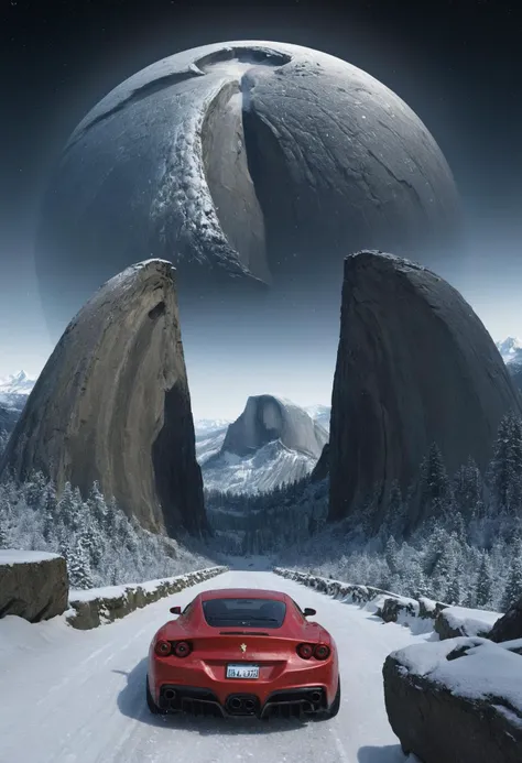 Fractal, landscape of a Retrofuturistic [Saudi Arabia|The Half Dome] and Ferrari, Snowy, Depressing, Fish-eye Lens, (art by Ihor Podolchak:1.2), Pixel Art pixelated pixel pixel   Toei Animations, Yelling upset angry