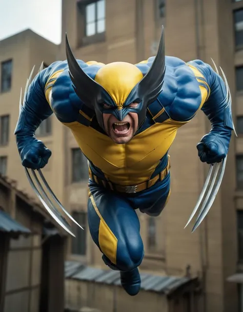 wolverine wearing his yellow ultimate x-men uniform, yellow shirt with blue shoulders, hairy arms, falling from a roof, angry, cinematic, realistic, showing his three retractile long blade claws coming out from the front of his fists