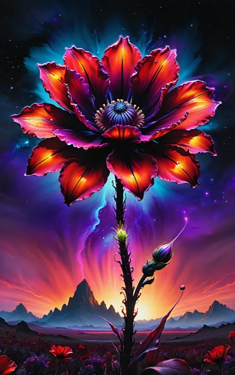 Illustration, sci-fi concept art, realistic art, drawn with alcohol inks, depicting a fantastic flower, with red glowing petals, flexible long stems, purple color, with a black core, growing on a distant planet, portrait, masterpiece, in the style of Dan Mumford, Jim Warren, strokes, strokes, splash style, intricate details, epic realism, volumetric lighting, visual effects, digital art.<lora:xl_more_art-full_v1:0.5>