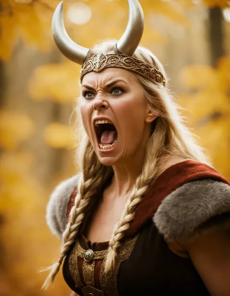 Biomorphic Norse Frigg, wearing fall costume, Yelling upset angry , Ektachrome, Romantic, Realism, flat lighting, gilded technique, DOF, bokeh