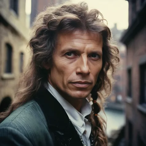 art by Dante Gabriel Rossetti, Norman Parkinson,close up of a Pretty short Atomic Age ([Sean Bean|Steven Tyler] :1.3) , Trendy hair styled as Dutch braid, from inside of a Cityscape, dungeon, Spring, Panorama, Wonder, Princesscore, key light, bokeh, Fujicolor Fujichrome Velvia 100, 80mm