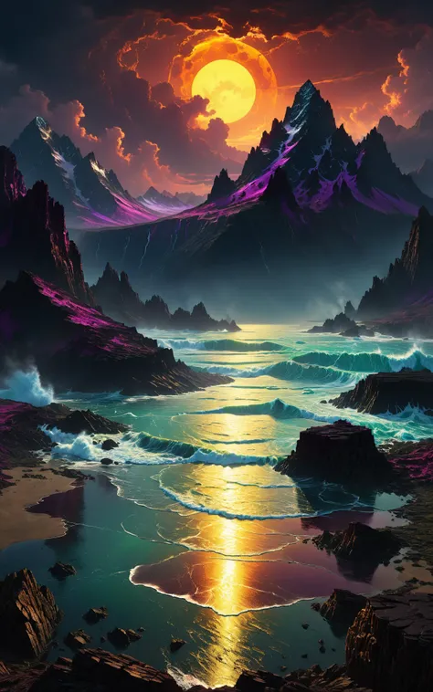 a malevolent plateau of desolate wastes and storm-wracked seas, illuminated by three dark suns. The plateau is the domain of Akshan, a demi-goddess of chaos, and is populated by demons.. highly detailed, high resolution, raytraced reflections, dramatic lighting. 8k vibrant colors, neon ambiance, abstract black oil, detailed acrylic, grunge, intricate complexity, photorealistic, digital painting by Hiroshi Yoshida and Albert Bierstadt<lora:xl_more_art-full_v1:0.5>