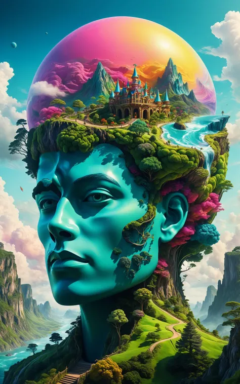 Surrealistic digital painting of an adventure land formed within the contours of a human head, imaginative elements, creating an atmosphere of tranquility, voluminous, mysteriously colored, lush soundtrack, octane rendering, 8k, richly detailed.<lora:xl_more_art-full_v1:0.5>