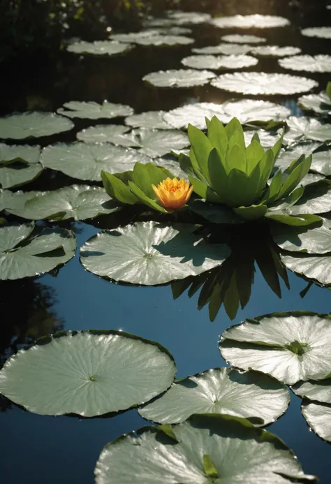 comic photograph, flat lighting, Sunlight, 1920'S Striking Nigerian Pond water lilies, Cyborg details, natural lighting, Polychromatic, film camera, key light, Selective focus . graphic illustration, comic art, graphic novel art, vibrant, highly detailed