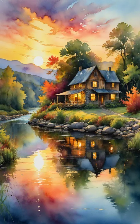 Impressionistic watercolor landscape revealing a rustic dwelling precariously nestled against a serene flowing river, as the declining sun births a variegated canvas in the sky and mirrors its brilliance on the surrounding foliage and tranquil water, quaint dwelling, tranquil river, sinking sun, vibrant sunset, lush nature, twilight, painterly texture, rich foliage, serene harmony, reflection in the water, warm color palette, broad brush strokes, dreamy atmosphere, gradient sky, soft lighting, artistic impressions<lora:xl_more_art-full_v1:0.5>