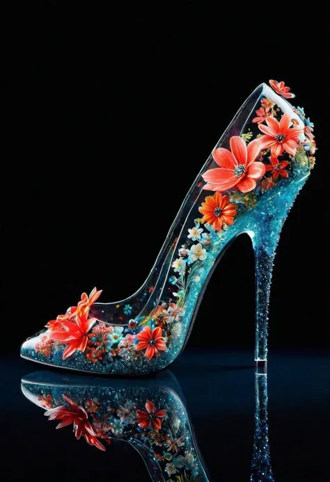 a close up of a glass shoe on a display, inspired by David LaChapelle, glass flowers, high quality product image , coral reef, flora and fauna, cosmic nebula, dark background christian dior style, with frozen flowers around her, stunning-design, beutifull, side profile artwork, glass paint, multicoloured, displayed, backlight