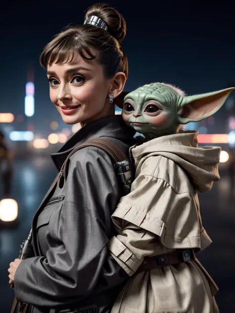 only one <lora:adr_AudreyHepburn_SDXL-LoRA-prodigy-clip1-v01:0.6>Audrey Hepburn smiling holding in her backpack one cute <lora:PE_BabyYoda:0.3>Baby Yoda Grogu smiling, classy, in  highly detailed <lora:cyborg_style_xl:0.3>cyborg style clothes,( portrait from the side:1.1), both are looking towards the camera, portrait photograph in the Cyberpunk universe at night