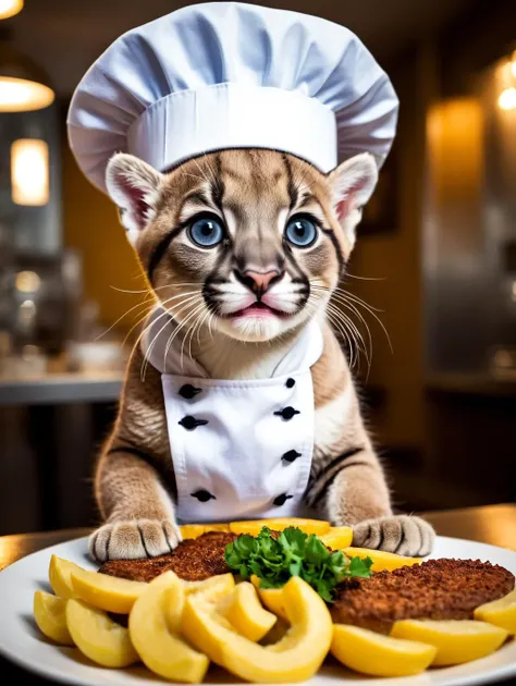 Hyperrealistic art National Geographic style photography, portret of cute cibi baby puma, big luminous eyes, large smile, smiling, cute, happy, dressed in chef suit, in a restauran kitchen with a tiny chef hat,ratatouille, at night, 24mm, 4k textures, soft cinematic light, adobe lightroom, photolab, hdr, intricate, elegant, highly detailed, sharp focus, ((((cinematic look)))), soothing tones, insane details, intricate details, hyperdetailed, low contrast, soft cinematic light, exposure blend, hdr, faded, repair eyes, clear eyes, blue hour, not looking at camera . Extremely high-resolution details, photographic, realism pushed to extreme, fine texture, incredibly lifelike