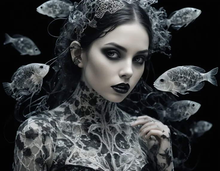 surreal mythical dreamy dark artistic black and white fine art photo of a beautiful young female vampire - medus - cyborg covered with lace fish scales and translucent algae, highly detailed, intricate crystal ivy jelly fish scales ornate, lace web, poetic, octane render, 8 k, photo - realistic