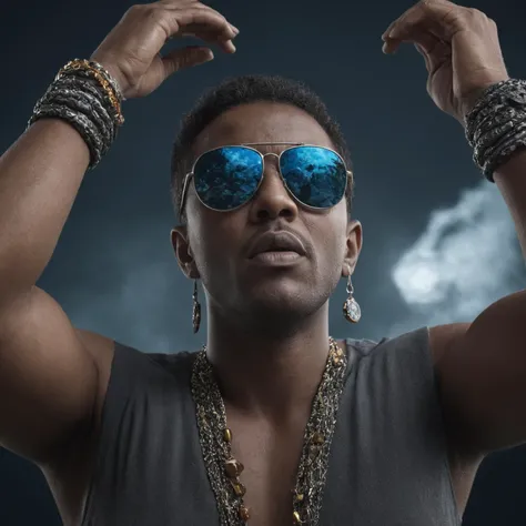 Unreal Engine, Nasty large Milan, Diplomat, wearing Slate fluorescent Shuka, Hands above the head, Inspirational Bracelet, Body Piercings, Sunglasses, Hurricane, Detailed illustration, spotlit, macro lens, two colors, RTX