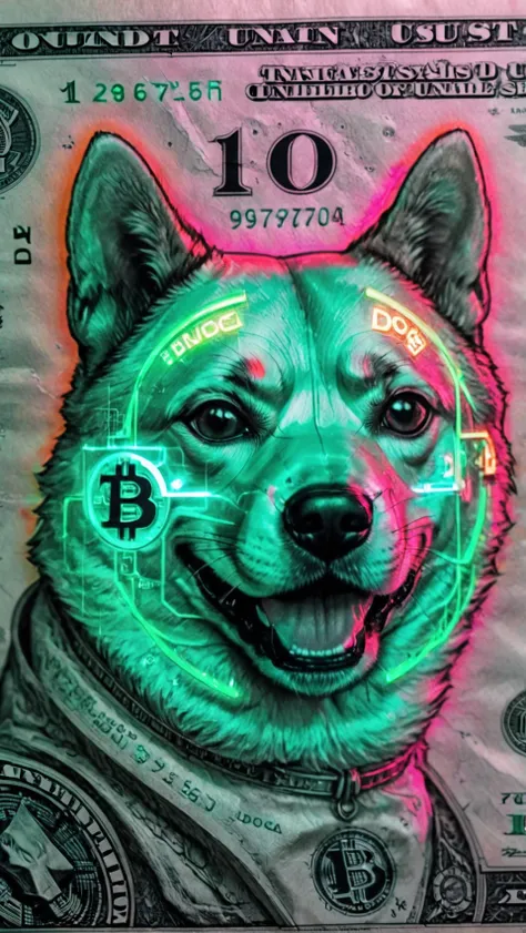 Monochrome cyberpunk style,blade runner,A close-up macro shot featuring a photograph of the front of a doge meme on a neon digital 1dolar bill with a bitcoin,cyborg shiba dog,robot eye,Diego Gisbert Llorens,much wow,cyberpunk art,futurism,image in a futuristic style,chip,hologram,sci-fi elements,futuristic neon lights(sharp:0.4),Underground Cybercrime,Cyberpunkfuturistic outfit,<lora:add_detail:1>,<lora:ParchartXL-1.2.1:1>,<lora:money:0.4>, . Black and white, contrast, tone, texture, detailed