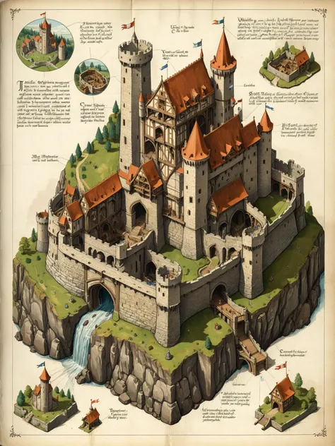 <Isometric Cutaway:1> <lora:xl_more_art-full_v1:1> page from textbook with isometric cutaway view of medieval castle, cross-section view, labeled parts,  detailed technical drawing, text description, stone walls with windows, fortified towers with wooden parts, mechanical bascule bridge, water ditch, vegetation,