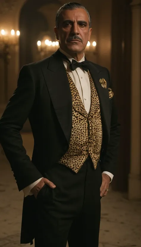 photograph, sharp and in focus, Cinematic, Dirty Alberto Fernndez, Spellblade, Alberto Fernndez is dressed in Evening wear, his Evening wear is 1920'S and has Cheetah embroidery on it, Standing with hand on hip
