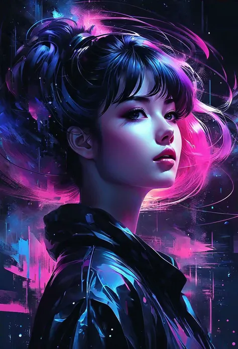 brutal dark monochrome color scheme, dark or moody setting, sense of depth and intrigue, digital brush strokes, computer graphics graphic illustration,
Render a holographic representation of a person's digital self, using a neon color palette of pinks, purples and blues
Art by Agnes Cecile, artgerm, art by Ayami Kojima, Hiroaki, aesthetics by Marika Kono, Toru Asakura. manga+style. Studio Ghibli Genshin Impact,Movie Poster,MoviePosterAF