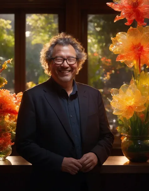 8k resolution style, barkeep in spring, atmospheric lighting, cinematic composition, detailed, art by Dale Chihuly,Christopher Jin Baron,Alberto Biasi, Smiling happily