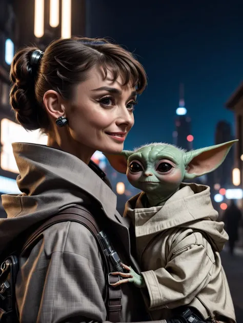 only one <lora:adr_AudreyHepburn_SDXL-LoRA-prodigy-clip1-v01:0.6>Audrey Hepburn smiling holding in her backpack one cute <lora:PE_BabyYoda:0.3>Baby Yoda Grogu smiling, classy, in highly detailed <lora:cyborg_style_xl:0.3>cyborg style clothes,( portrait from the side:1.1), both are looking towards the camera, portrait photograph in the Cyberpunk universe at night