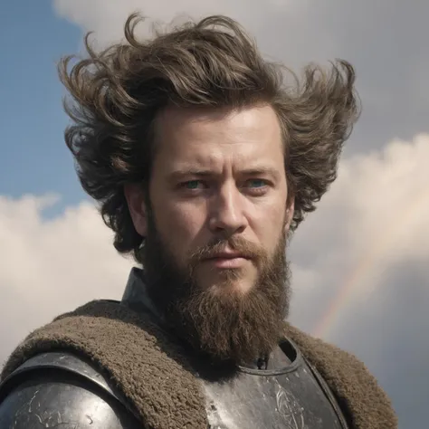 art by Konstantin Somov, Airbrush painting, Warrior, Tough hefty [Cossack:Tudor:7] Uncle, Exploring new places, Cruel hair, Layered cut hairstyle, horizon-centered, Embarrassing, dramatic lighting, Rainbow color grading, intricate, blended visuals