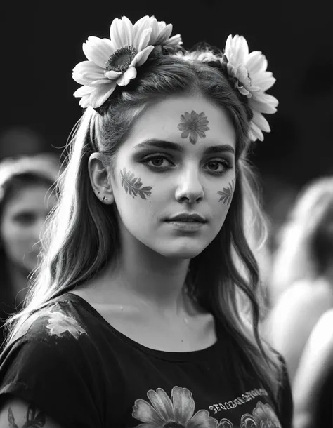 Voluminous German Girl, Attending concerts, Pretty Flower in hair, Face Tattoos, Sports Team Face Paint, Screen print, Pre-raphaelitism, League of Legends Splash Art, art by Valentine Hugo, monochrome grayscale black and white b&w cool shadows warm highlights soft focus black and white classic sound stage vintage film grain scratches patina directed cinematography movie film classic