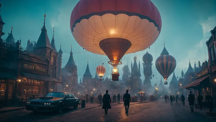 Huge shiny machines, gears, pipes and balloons at the Steampunk World's Fair, victorian wood and white buildings, beautiful, vivid, sunny, anime movie stills, Ghibli style, --v6