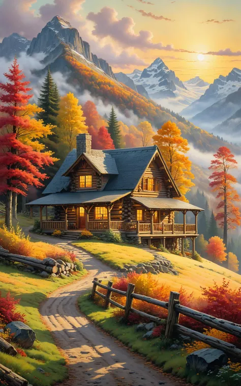 ultra high quality, detailed gouache and watercolor painting, centered, close up, cozy log cabin, early morning, golden hour, tranquil autumn scene, adorned in a gentle embrace of mist, serene countryside, hills, vibrant shades of gold and crimson leaves, their hues intensified by the diffused light of the sun behind the fog, peaceful and dreamlike atmosphere, by Thomas Kinkade and James McIntosh Patrick, meticulous attention to detail, tiny details, volumetric light, 8k, hdr, high contrast, ambient occlusion, perfect composition<lora:xl_more_art-full_v1:0.5>