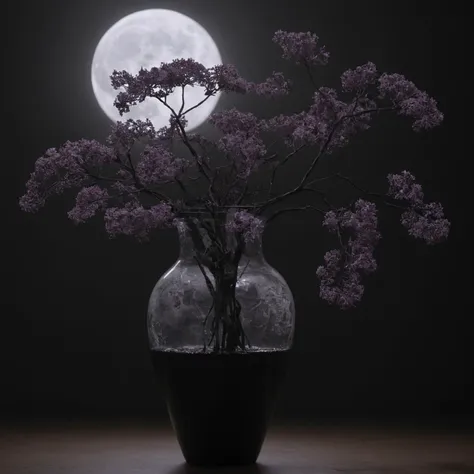 Warm midweight Grunge Anansi inside a Vase, Petal, Lilac, White oak, Vine Honduran hairstyle, Wrinkles, Robotic Legs, Moon in the night, soft focus, Anime screencap, surreal, Sunlight, 800mm lens, silhouette, contest winner