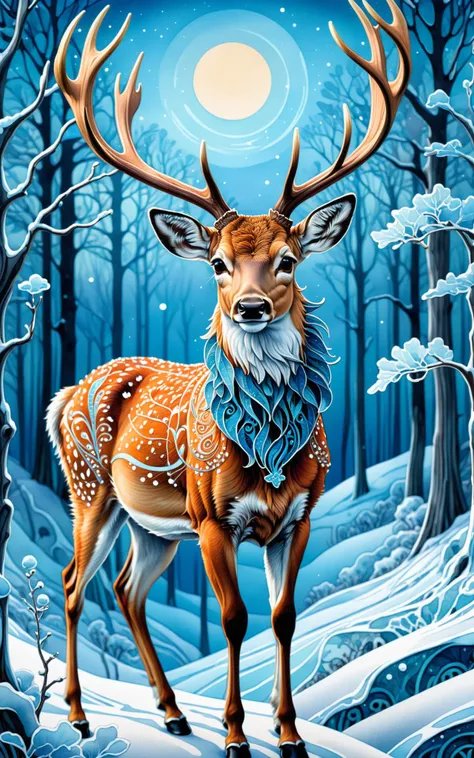 Colorful Zentangle., realistic winter landscape, deer, blue shades of blue, thin silver streaks, watercolor streaks, ice patterns, drawings by Alphonse Mucha, James Jean and Peter Drucker in the same color scheme. Intricate, abstract, patterns, highly detailed, illustrative, vivid, picturesque, epic, majestic, magical, fantasy art, cover, dreamy, masterpiece, award-winning, sticker, 2d cute, fantasy, dreamy, vector illustration, 2d flat, centered, author Tim Burton, professional, smooth, modern, minimalistic, graphics, linear art, vector graphics<lora:xl_more_art-full_v1:0.5>