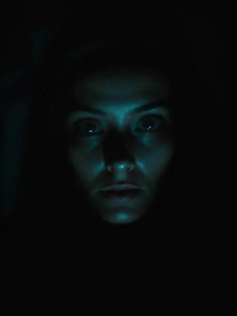 a mysterious woman staring at the viewer, nighttime, dark, poorly lit, shadow