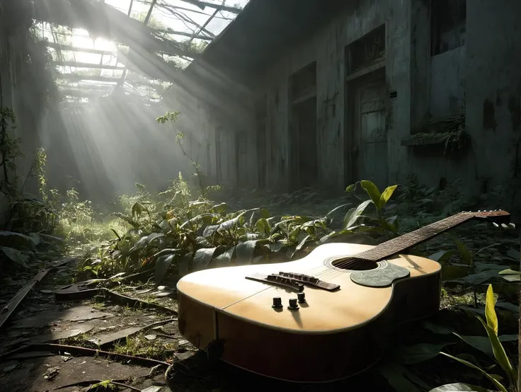 Empty guitar. Echoes of her laughter. from Last of us part 1, cordyceps infected land, abandoned city , overgrown, God rays, mist