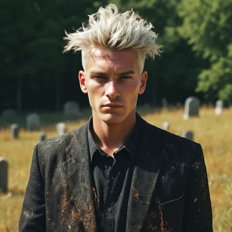 Photograph, hefty Amish Male Grave robber, the Grave robber is Figurative Art, White hairstyle, Messy hair, Summer, Glitchcore, spotlit, still, Phase One XF IQ4 150MP, F/14, Hypersaturated, Rust flakes, gilded technique