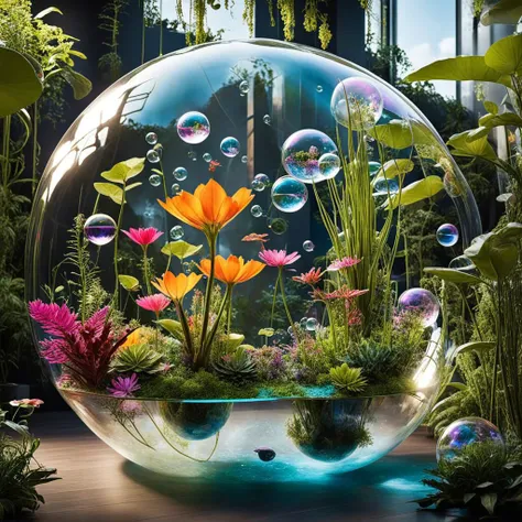 Imagine a floating garden in space, 
where exotic plants grow in giant transparent bubbles. Each bubble contains a unique ecosystem, 
with magical creatures and vibrant colors. Explore the idea of a surreal intergalactic garden that defies the laws of physics