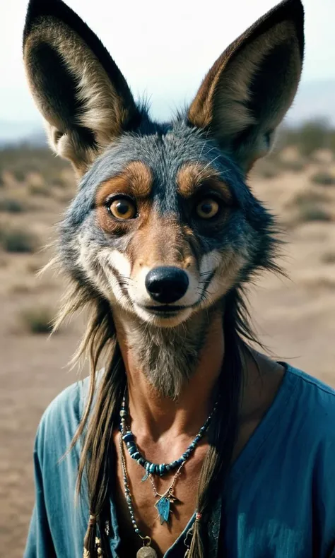 photograph, award winning, Unmotivated Blue Wile E. Coyote, Long flowy hair, Stale Lip Ring, Tribal Tattoos, at Overcast, FOV 90 degrees, Tinkercore, spotlit, film grain, Nikon d3300, Zoom lens, Velvia, 64K
