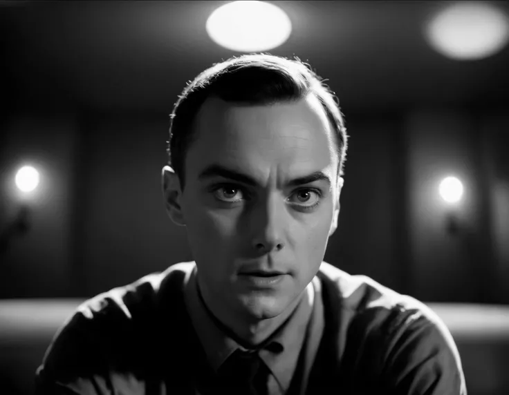 cinematic photo Ethereal Lighting, Ilford HP5, Sheldon Cooper . 35mm photograph, film, bokeh, professional, 4k, highly detailed, a look of terror scared horrified