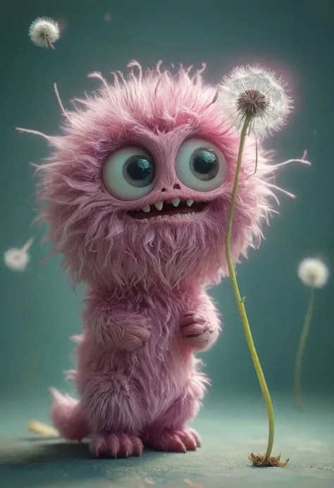 amazing quality, masterpiece, best quality, hyper detailed, ultra detailed, UHD, perfect anatomy, portrait, dof, hyper-realism, majestic, awesome, inspiring, - a fluffy Pastel magenta cute Monster with large friendly eyes Holding a dried dandelion to welcomijg Out Alien Nation friends.. with human perfect teeth and smile, cinematic composition, soft shadows, national geographic style,