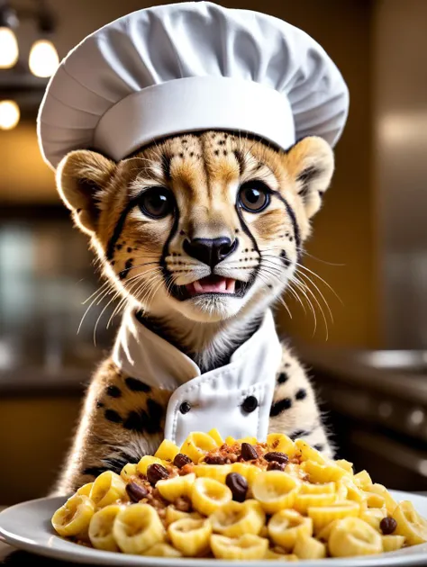 Hyperrealistic art National Geographic style photography, portret of cute cibi baby cheetah, big luminous eyes, large smile, smiling, cute, happy, dressed in chef suit, in a restauran kitchen with a tiny chef hat,ratatouille, at night, 24mm, 4k textures, soft cinematic light, adobe lightroom, photolab, hdr, intricate, elegant, highly detailed, sharp focus, ((((cinematic look)))), soothing tones, insane details, intricate details, hyperdetailed, low contrast, soft cinematic light, exposure blend, hdr, faded, repair eyes, clear eyes, blue hour, not looking at camera . Extremely high-resolution details, photographic, realism pushed to extreme, fine texture, incredibly lifelike