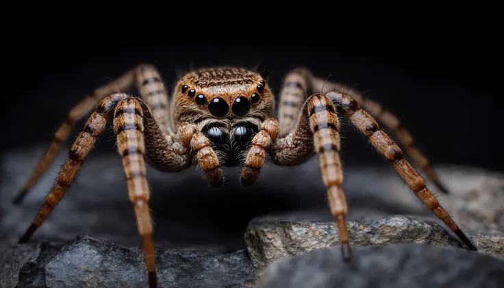 extreme macro close-up side view photograph of a wolf spider on a rock, dark background, in the style of macro photography, focus-stacking, studio photography, highly detailed, extreme realism, saturated colors, colorful