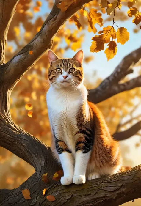 Cat poised gracefully atop an ancient oak tree,
autumn leaves fluttering around,
golden hour casting long shadows,
backlit,
sharp focus on feline,
bokeh effect on background foliage,
digital painting.