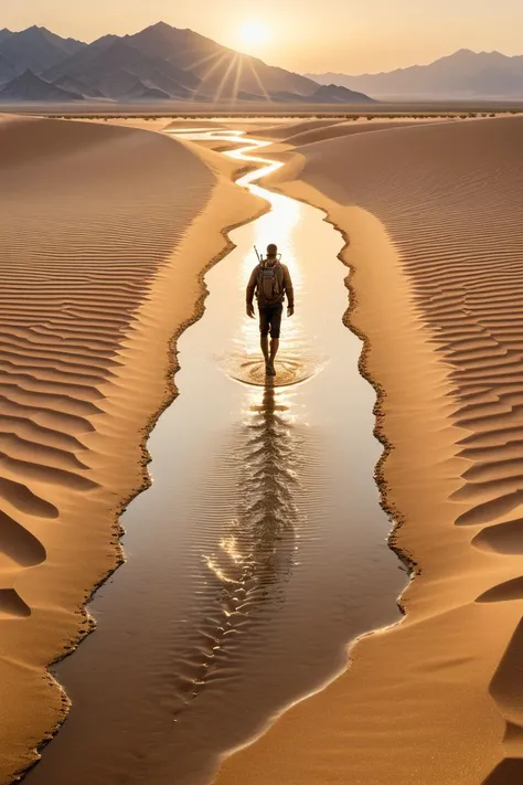 Emerging from the horizon, the Water Man strides across a desert with a reservoir on his back, a modern-day savior. The arid landscape contrasts his life-giving mission. Depicted in a cinematic style with warm, golden-hour lighting, capturing the heroism and hope in his journey., RAW photo, photograph, 600 dpi, photorealism, sharpen, highest quality, highest detail, 8K, Ultra-HD, hyper-realistic, detailed, ultra detail