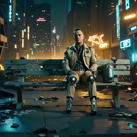 cinematic sfi-fi photo of young (Tom Hanks:0.9) sitting on a destroyed bench, (robotic glowing implants:1.2), wearing tattered khaki suite with (glowing:1.1) (futuristic parts:1.2) and a tattered checkered shirt and tattered (futuristic:1.2) khaki trousers, cyberpunk city in the background, night scene, glowing lights