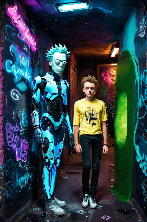 cyberpunk,2boy,((An robots in a masked attire Rick Sanchez and Morty Smith from Rick and Morty:1.4)) with robotic implant:1) and robotic face,one side undercut hairstyle,punk style,adorned in a (Outfit crafted from neon lights fabric),elegantly paired with a white leather jacket featuring a captivating (electronic components on its surface:1). Cyberpunk Streets,Techno-urban decay and graffiti-covered walls,DSLR,f/1.4,Shutter Speed 1/2 sec,ISO200,White Balance Shade,Exposure Compensation "+1.5 EV",Manual Shooting Mode,Framing,focus Mode Continuous,Spot MeteringThe ensemble is further accentuated by (a stylish blue neon collar:1),visible internal circuits,cacotopia in the ambiance of dimly pink and blue lit surroundings,neon sighs Graffiti,Green portal,Best quality,best photo composition,(bokeh:1.4),<lora:CyberPunkAI:0.6>,<lora:LowRA:1>,<lora:2077V:1>,<lora:add_detail:0.1>,<lora:DonMCyb3rN3cr0XL:0.5>,<lora:xl_more_art-full_v1:0.5>,