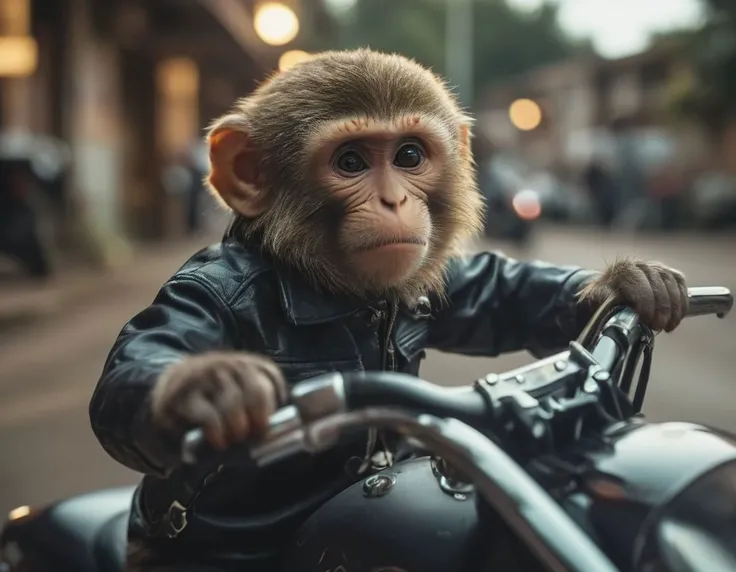 professional lighting Low Angle shot (photograph:1.2) young monkey wearing (30s clothing:1.2) detailed background depth of field chains, motorcycles
