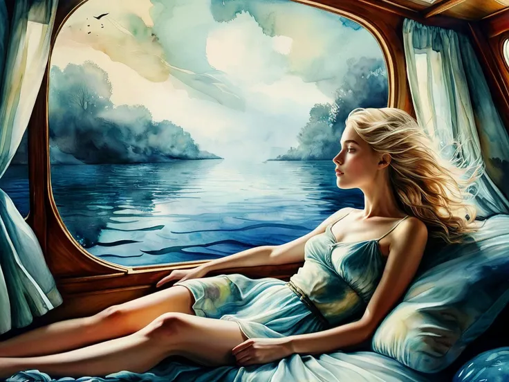 masterpiece, 

(Lost in the dreamscape) (Navigating the realm of dreams) (Whimsically artistic) 

closeup of blonde woman reclining, view out window of boat on water,

Soft watercolour, fantasy style,

<lora:RMSDXL_Enhance:1>,
<lora:add-detail-xl:0.8>,
<lora:RMSDXL_Darkness_Cinema:1>,
