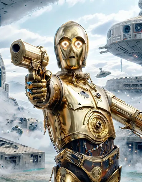 caricature of C3PO1024 wielding dual pistols on cloud city