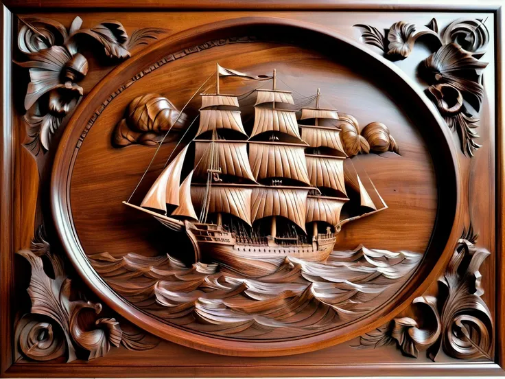Carving in a mahogany wood panel, traditional wood carving, remarkably detailed and intricate carving in mahogany of a ship on a stormy sea, everything is carved in wood,