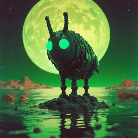 Confused, Dark hue, Flickr, Benedick Bana, Cutecore, split lighting, UHD, Marianne North, Lunarpunk, lake and Planet Saturn in background, Plastic, Faith, Serge Attukwei Clottey, Swirling zebra print, Carbon fiber, masterpiece, Circular polarizer, taiji, Science, F/8, As the moon sets behind us, ivy shoots down the air with debossed green hue and a fierce expression as they take over its surroundings below it. Its surface ripple with every movement, and debris forms that appear almost inexplicated. At one end there're obelisk, which is filled tightly with metal pieces floating laziLY in the water below but remains unchanged for some distance. It seems that something too strange exists at its feet as the massive destruction of this surreal creature takes shape upon another very formidable beast before our eyes and becomes more intense than usual. Lomography, Vanitas, Rot, Light, Light sparkles, Boho, Latex, photolab