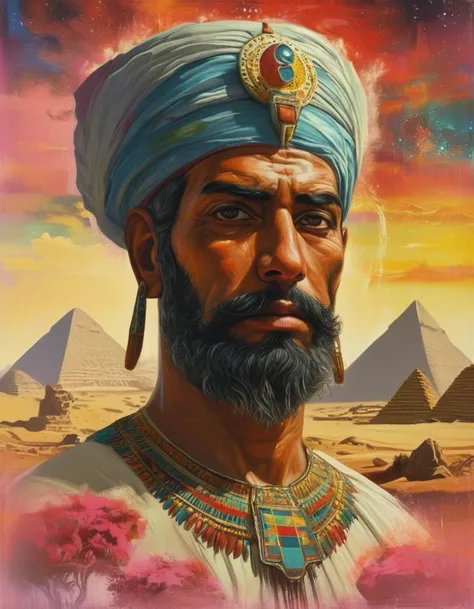 designed by Alfred Hitchcock, photograph, A nebula of fiery reds, oranges, and yellows fill the screen, depicting a lone figure kutaed in a traditional Egyptian attire. It depicts an ancient Persian man with intricate tattoo designs etched into his head and eyes, blending seamlessly into a stunning landscape made entirely of ornate brushstrokes. The Man's face is painted in shades of blue and pink, Hurricane, soft focus, Visual novel, Proud, sharp, focussed, Sony A9 II, pinhole lens, Polychromatic, (key visual, cinematic grey Color grading)