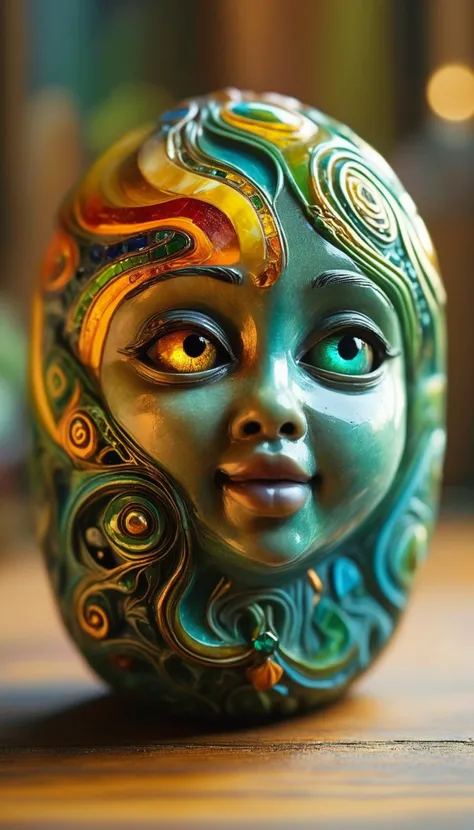 A vibrant and colorful gemstone, adorned with intricate swirling patterns of greens, yellows, and blues, sits on a wooden table. The gem is so large that it seems to be reaching out like a child's head as they gaze into the distance. shallow depth of field, Simple illustration, Frightening, Decora, Warm lighting, two colors