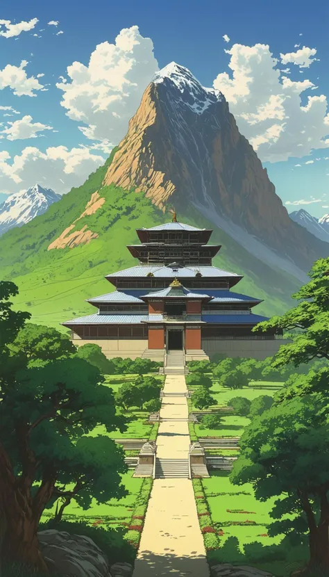 art by Makoto Shinkai, John La Farge, landscape of a The iconic temple of Mughal Emperor Katsushika stands tall in the heart of a lush green valley, overlooking a vast expanse of blue sky. In front of it, the iconic hall of Mahatma Gandhi's Mount Everest shines brightly, Fine art, Fujicolor Pro 400H, F/2.8