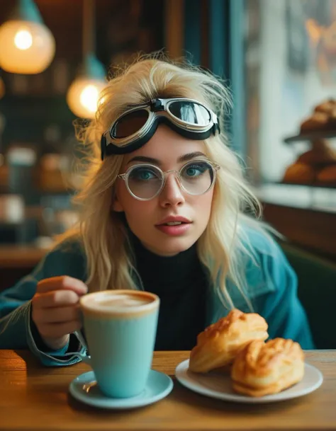 photograph, The y.o, with its oversized head and fluffy blonde fur, lounges in the comfort of a cozy cafe filled with freshly baked pastries. Instead of formal attire, it wears plain clothing - glasses and goggles. In one corner, there is a cup of coffee, surrounded by empty cups of water. As she drinks and enjoys a cold beverage, shallow depth of field, Ultra Detailed, Amusing, Vanitas, spotlit, Intentional Camera Movement, Kodak Ektachrome E100, atmospheric perspective, Cold Colors, photo-realistic face, (key visual, cinematic cyan Color grading)