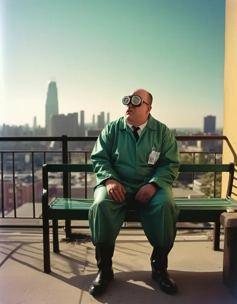 art by John Ford, photograph, In the heart of a bustling city, in this surreal scene, a man torn shirted in a black lab coat and goggles sits on a bench, gazing out at the towering skyline. He holds a loathsome Citro<unk>n-like glasses, and his eyes gleam with an air of wonder as he gazes down from his balcony at sunset. Stars in the sky, FOV 90 degrees, Amusing, Intentional Camera Movement, Ilford FP4 125, pov, three colors, (key visual, cinematic green Color grading)