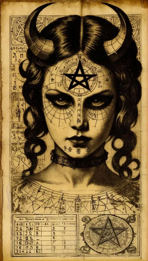 old parchment with engraving, woodcut, depicting a head demon girl, pentagrams, technical markings and medical description with charts, text with strange characters, mystical a photo from the 1920s sepia . Textured, distressed, vintage, edgy, punk vibe, dirty, noisy